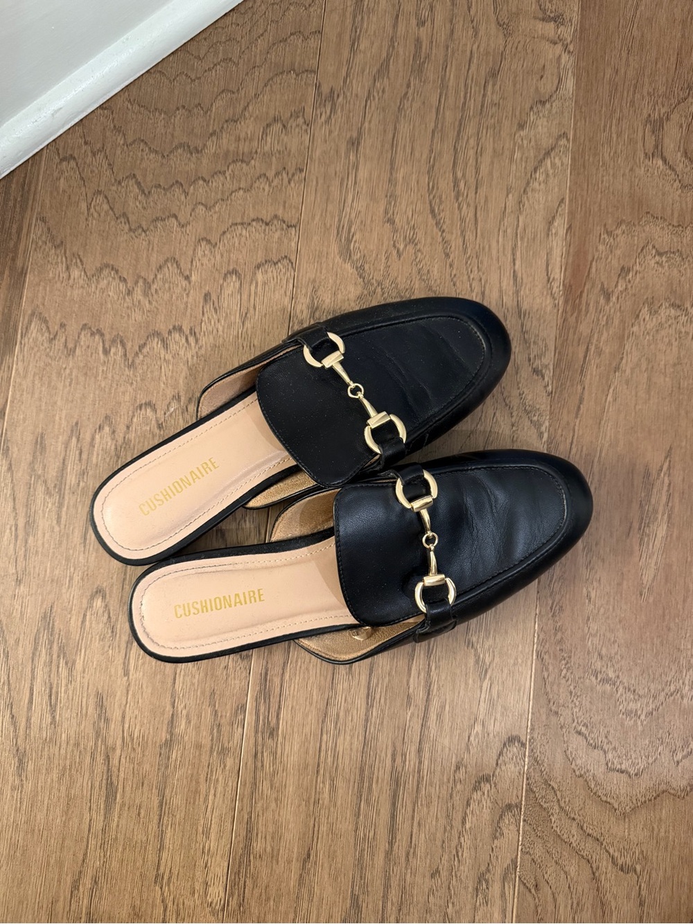 Cushionaire Black Leather Slip-On Loafer Mule with Gold Horsebit
